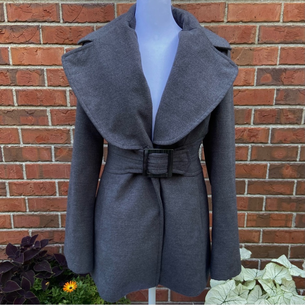 Dark Gray Peacoat Oversized Lapel Jessica Simpson Winter Coat with Belt